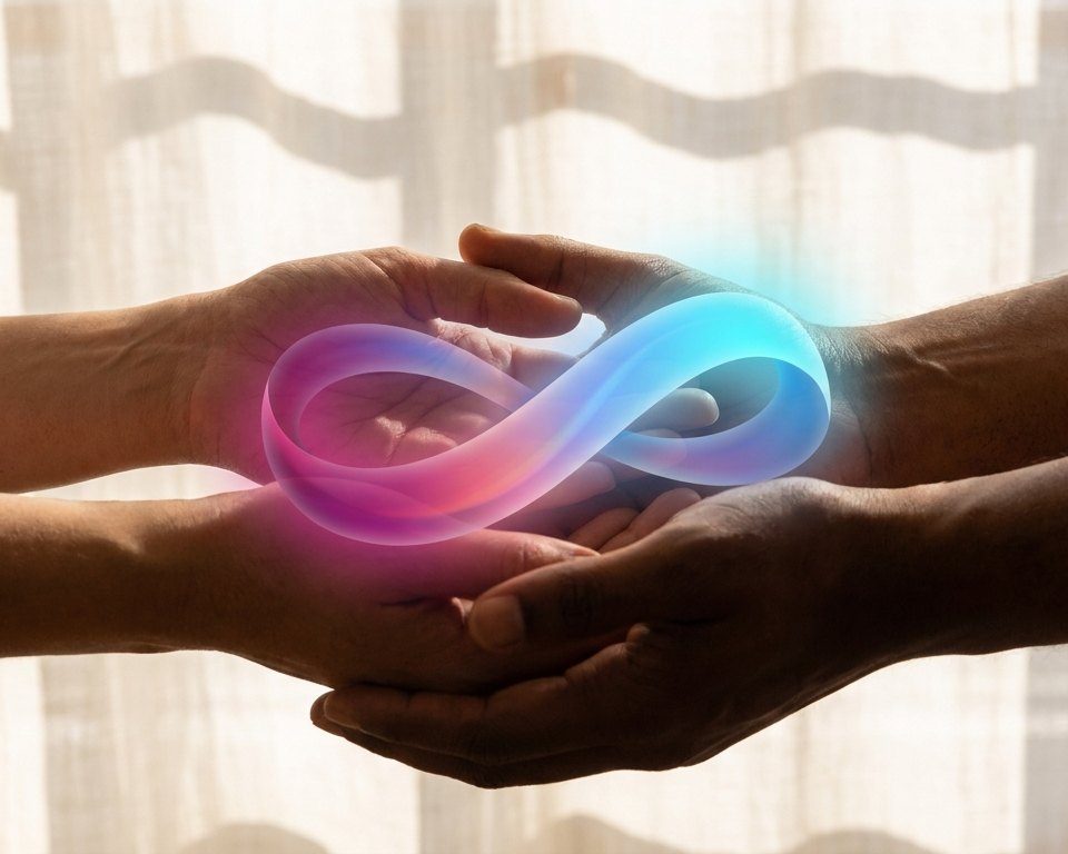Two hands holding a glowing infinity ribbon in magenta and cyan light