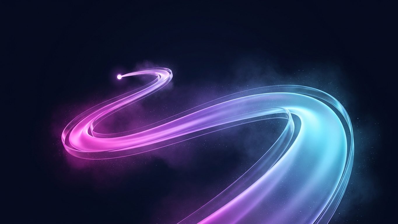 A single point of light unfurling into a broad flowing ribbon, magenta through violet to cyan