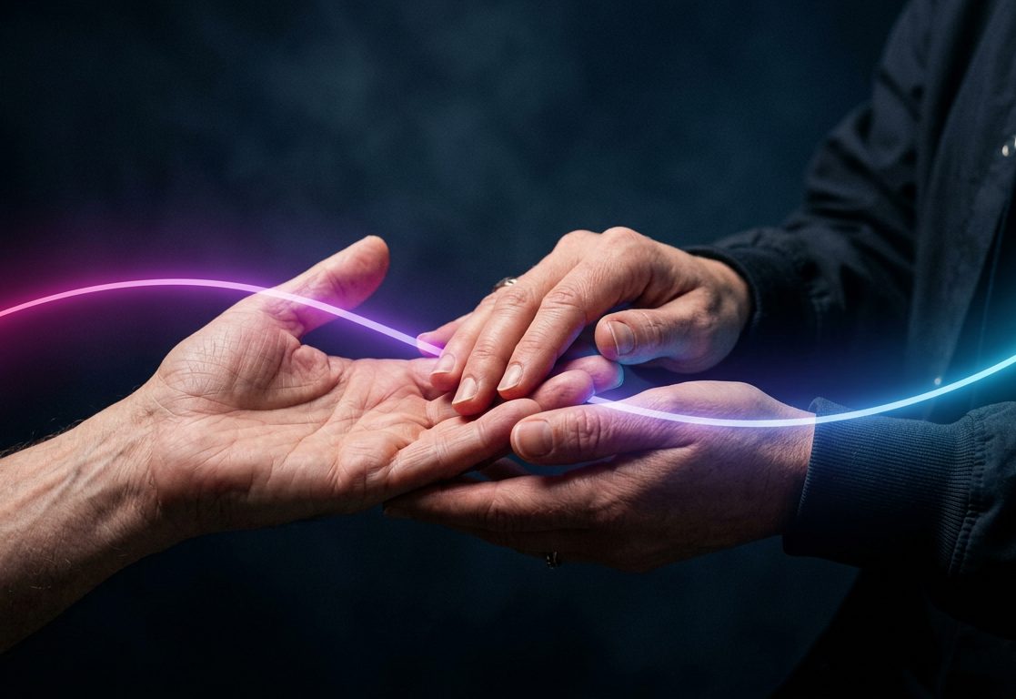 Two hands meeting for the first time, connected by a curve of magenta to cyan light