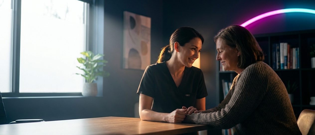 A healthcare professional and a patient in a warm first conversation, lit by a magenta to cyan arc of light